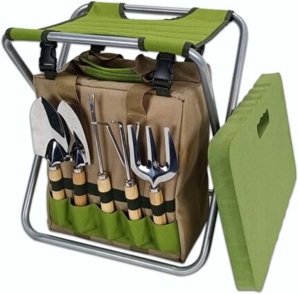 Garden Folding Gardener Stool with Gardening Tools Insulation Garden Bags Plus 5 Garden Tools and Gardening Kneeler Ideal Gift for Mother's Day/Father's Day (Green)